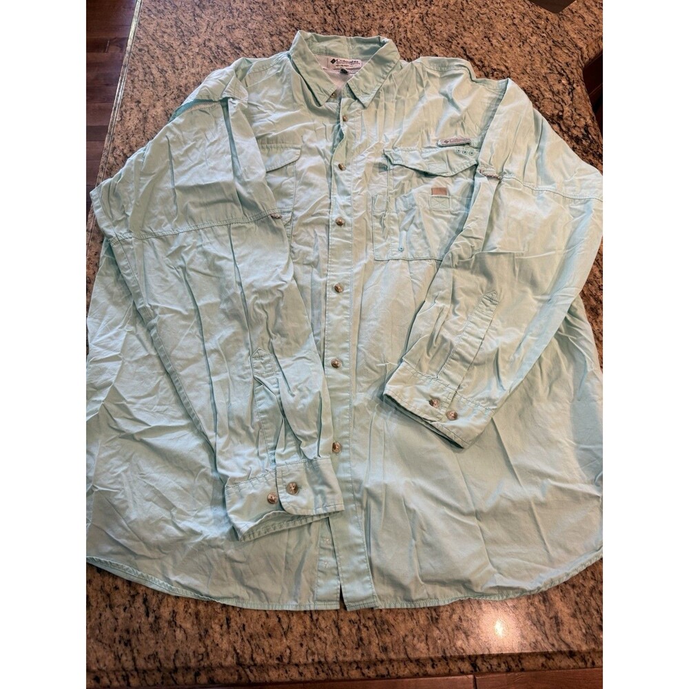 Columbia Men's PFG Vented Button-Up Shirt Large Long Sleeve GreenishBlue Fishing